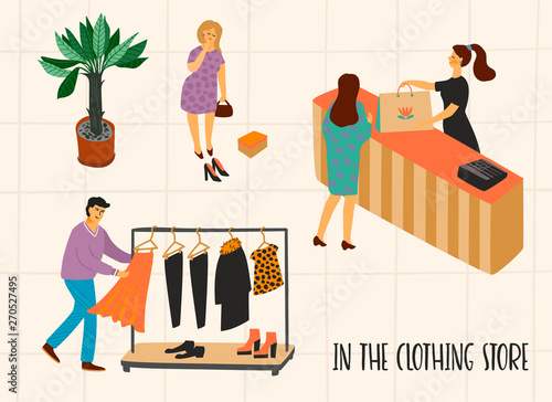 Clothing store. Vectpr illustration with characters.