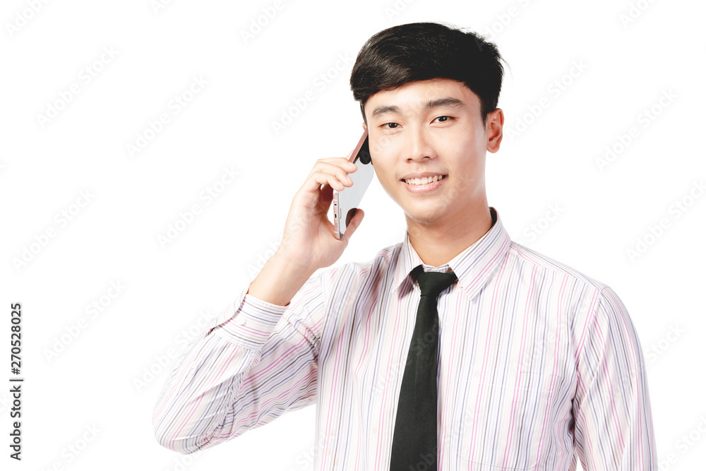 Asian businessman wearing using mobile phone over white . Asian businessman wearing using mobile phone over white .