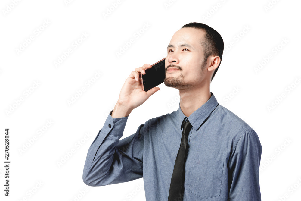 Asian businessman wearing using mobile phone over white . Asian businessman wearing using mobile phone over white .