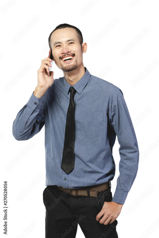 Asian businessman wearing using mobile phone over white . Asian businessman wearing using mobile phone over white .