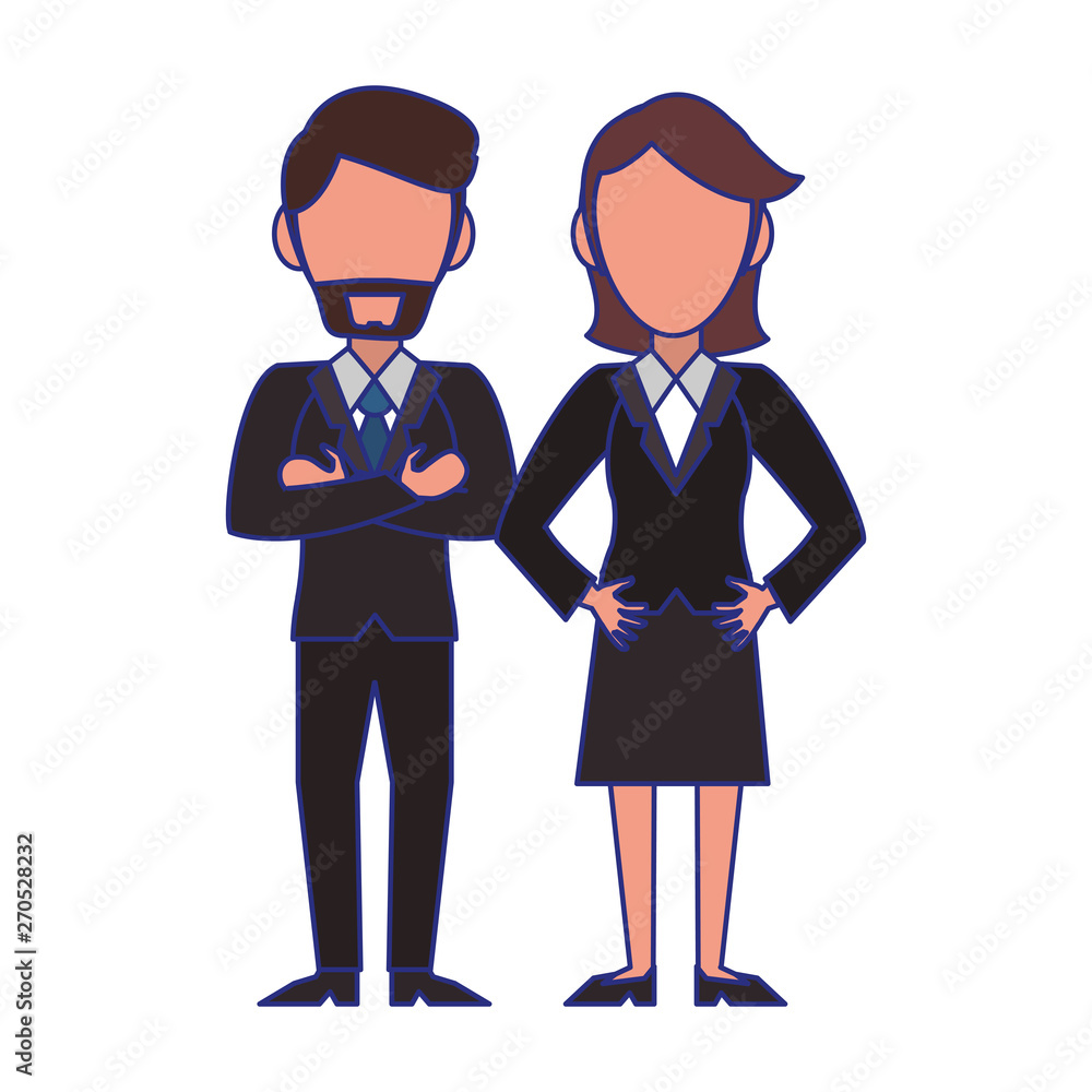 Executive business couple cartoon isolated blue lines Executive business couple cartoon isolated blue lines