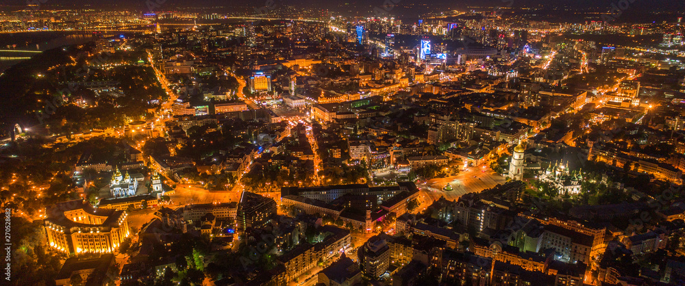 Night city of Kiev, Ukraine. Panoramic aerial view
