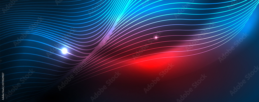 Smooth wave lines on blue neon color light background. Glowing abstract wave on dark, shiny motion, magic space light Smooth wave lines on blue neon color light background. Glowing abstract wave on dark, shiny motion, magic space light