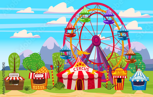 Amusement park, a landscape with a circus, carousels, carnival, attraction and entertainment