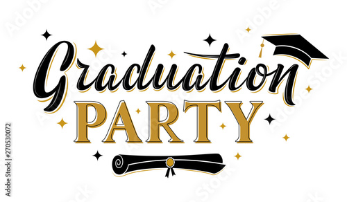 Graduation party greeting sign with stars, cap and diploma. Vector for graduation design, congratulation ceremony, invitation card, banner. Grads symbol for university, high school, academy, college
