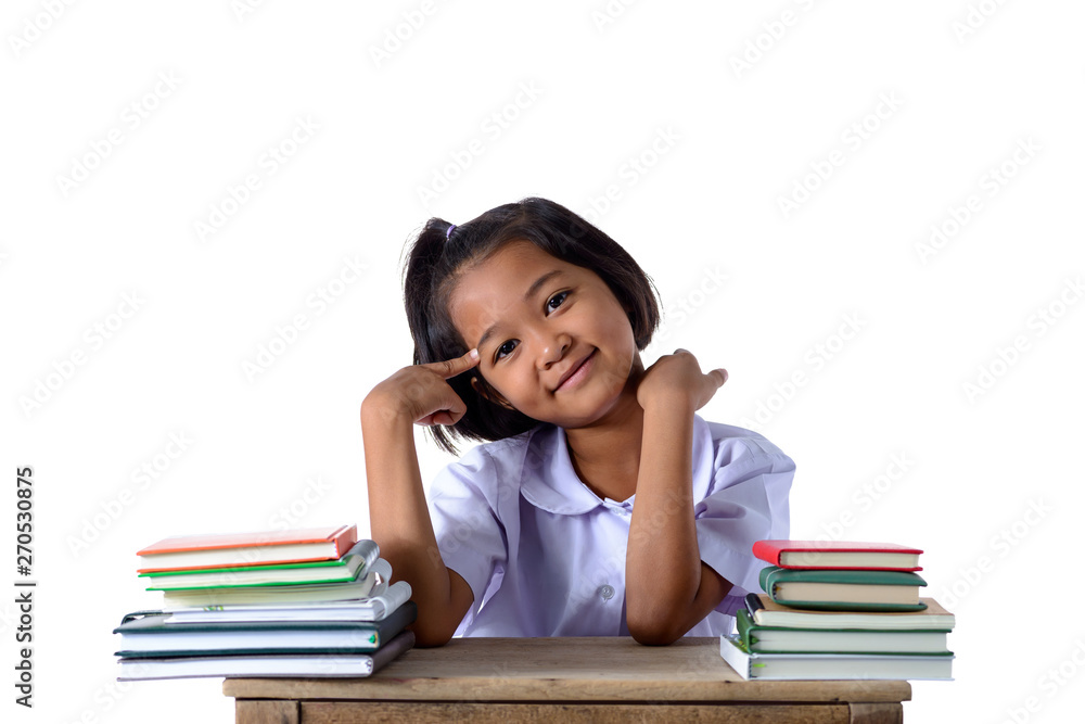 portrait of smiling little student asian girl with many books education and school concept isolated on white background portrait of smiling little student asian girl with many books education and school concept isolated on white background