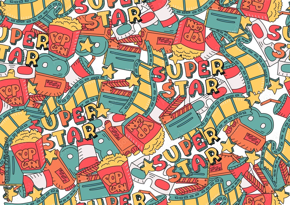 Fototapeta premium Seamless vector pattern with cartoon elements in the cinema. Handdrawn print.