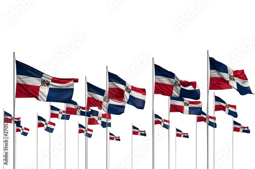 wonderful many Dominican Republic flags in a row isolated on white with empty place for your content - any holiday flag 3d illustration..