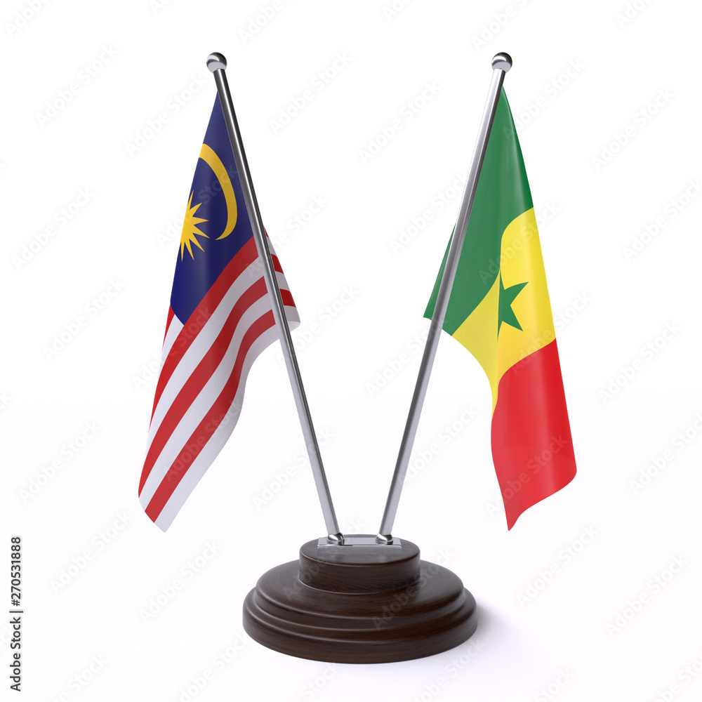 Malaysia and Senegal, two table flags isolated on white background. 3d image