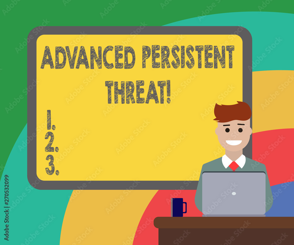 Conceptual hand writing showing Advanced Persistent Threat. Business photo showcasing unauthorized user gains access to a system Bordered Board behind Man Smiling with Laptop Mug on Desk Conceptual hand writing showing Advanced Persistent Threat. Business photo showcasing unauthorized user gains access to a system Bordered Board behind Man Smiling with Laptop Mug on Desk
