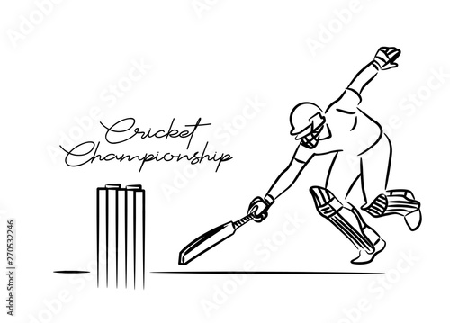 Concept of Batsman playing cricket- cricketer running between the wicket ( Run Out ) - championship, Line art design Vector illustration.