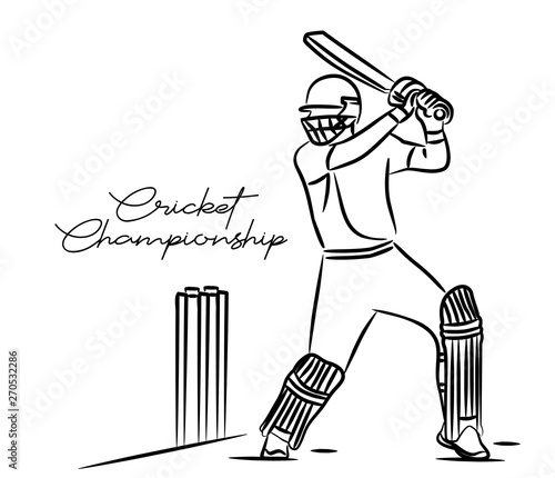 Concept of Batsman Playing Cricket  - championship, Line art design Vector illustration.