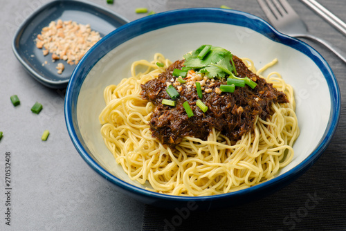 Mix noodles with beef jerky with golden garlic