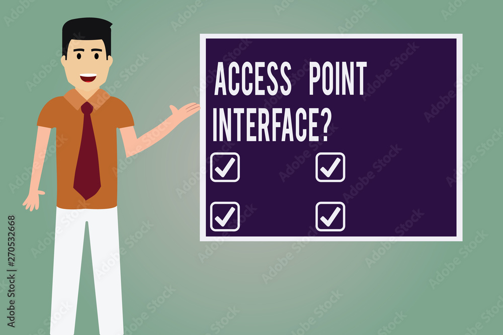 Word writing text Access Point Interfacequestion. Business concept for Allow wireless device to connect to a network Man with Tie Standing Talking Presenting Blank Color Square Board photo Word writing text Access Point Interfacequestion. Business concept for Allow wireless device to connect to a network Man with Tie Standing Talking Presenting Blank Color Square Board photo