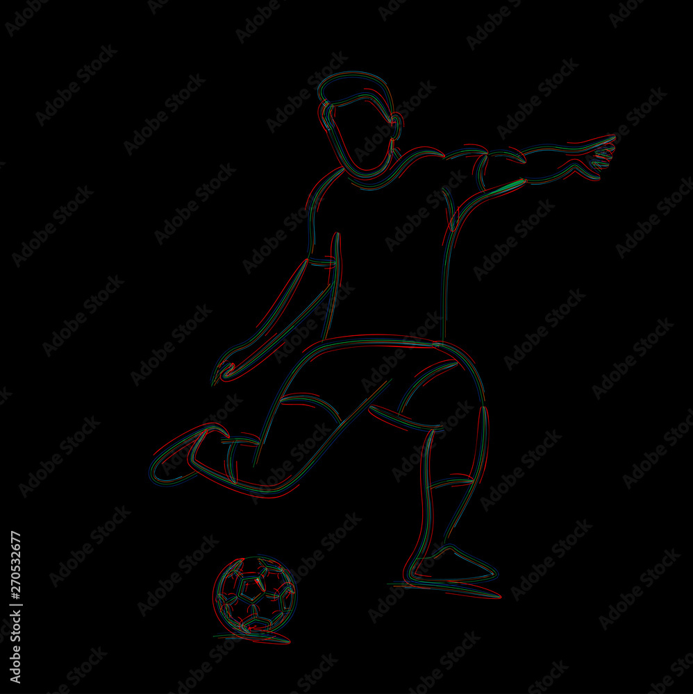Football player kicks the ball, 3d Color line art ( RGB ) vector illustration.