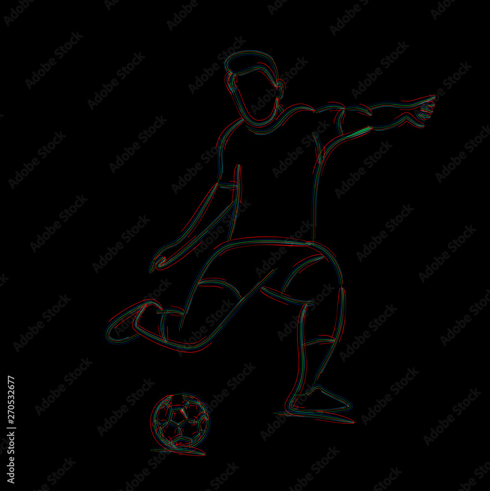 Football player kicks the ball, 3d Color line art ( RGB ) vector illustration. Football player kicks the ball, 3d Color line art ( RGB ) vector illustration.