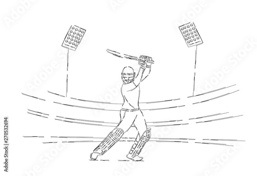 Concept of Batsman Playing Cricket  - championship, Line art design Vector illustration.