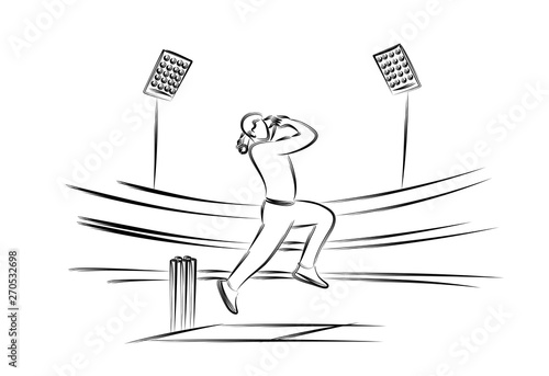 Bowler bowling in cricket championship sports. Line Art design - Vector Illustration.