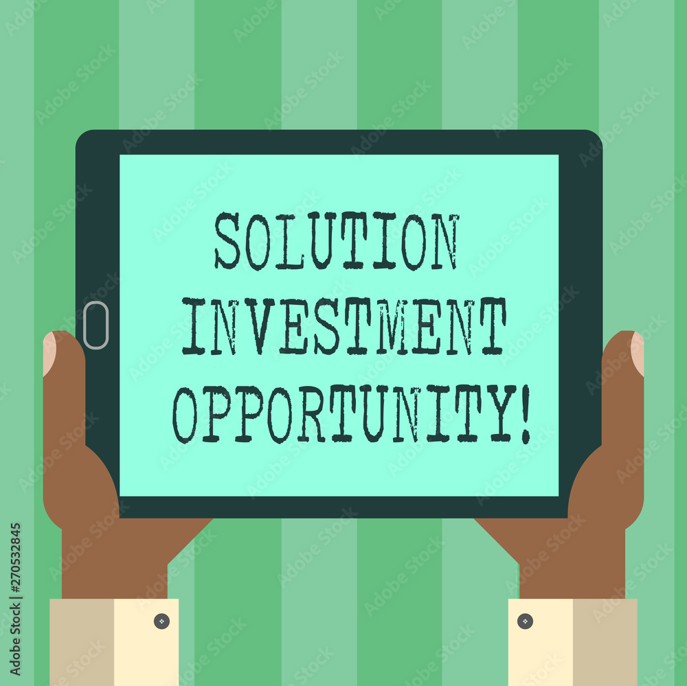 Handwriting text Solution Investment Opportunity. Concept meaning Strategies before undertaking a business Hu analysis Hand Holding Blank Screen Tablet Smartphone Display Unit photo Handwriting text Solution Investment Opportunity. Concept meaning Strategies before undertaking a business Hu analysis Hand Holding Blank Screen Tablet Smartphone Display Unit photo