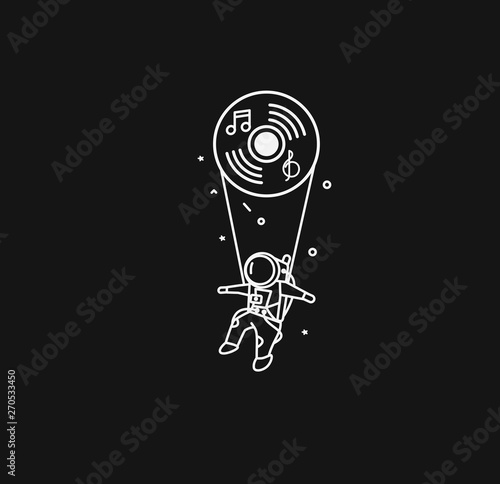 Music concept banner hanging astronauts poster, Flat Line Art Vector Design illustration.