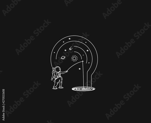 Aastronaut with a spinning rod catching fish on a hole, Flat Line Art Vector Design illustration.