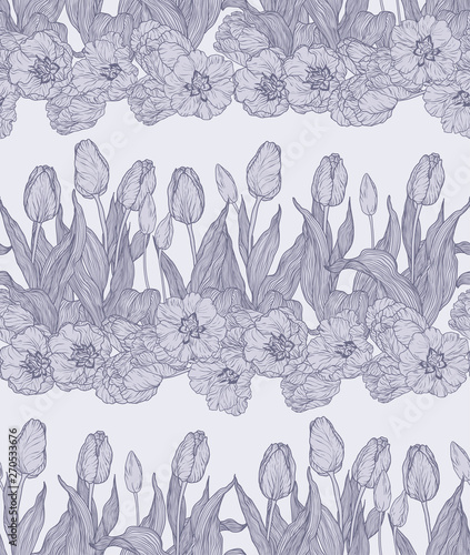 Seamless vector pattern with flowers in horizontal lines