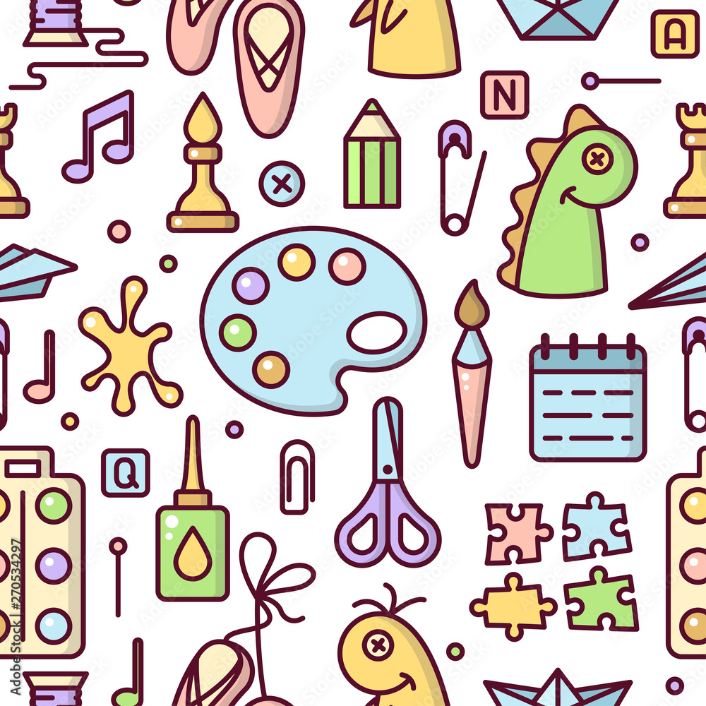 Ordered seamless pattern with elements for kids creative activity. Cartoon style vector illustration. Suitable for wallpaper, wrapping or textile