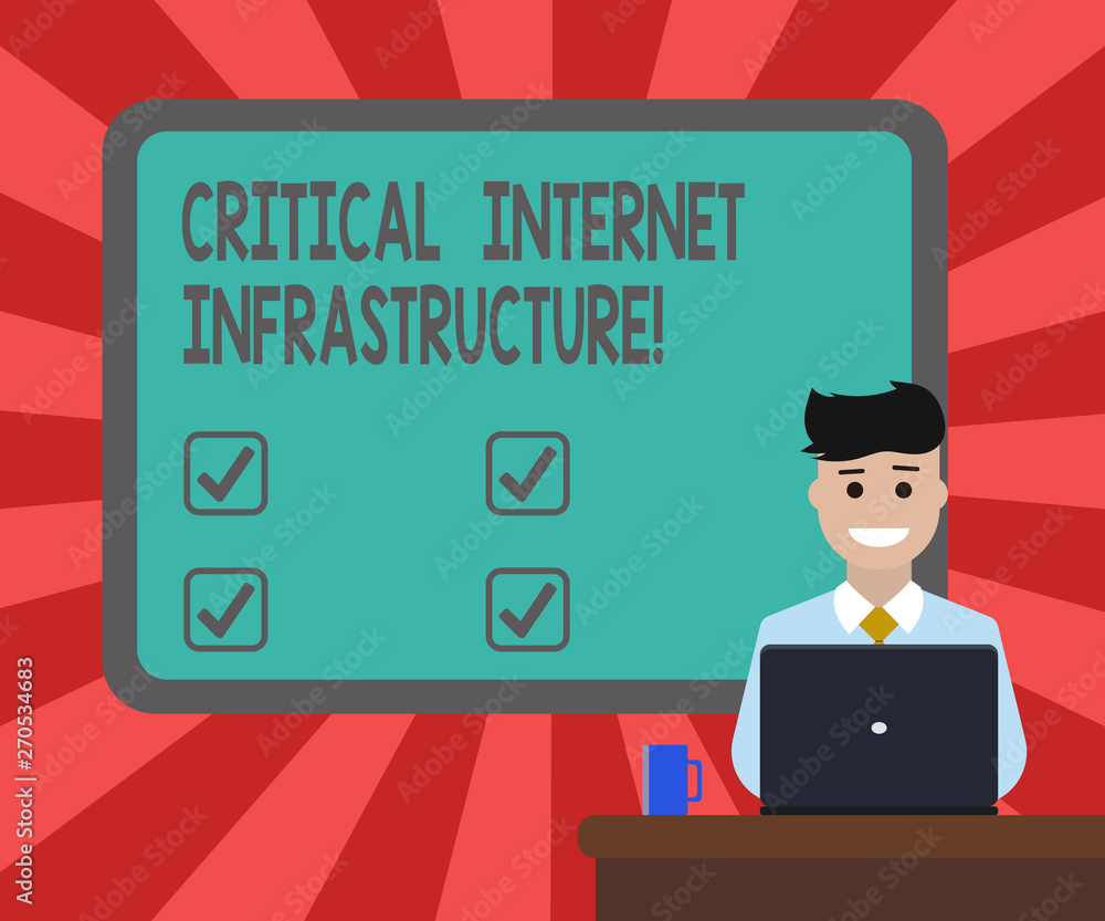 Conceptual hand writing showing Critical Internet Infrastructure. Business photo text essential components of internet operation Bordered Board behind Man Sitting Smiling with Laptop Mug on Desk
