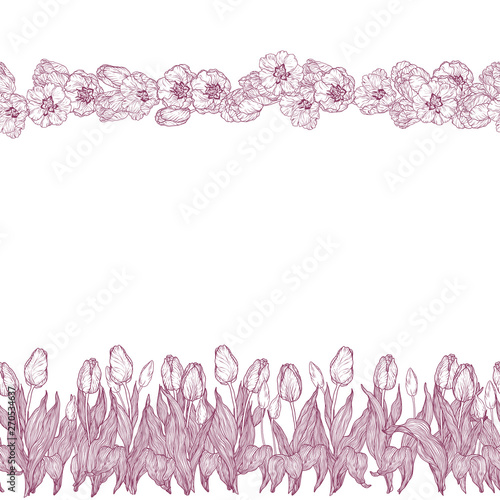 Seamless vector pattern with flowers in horizontal lines