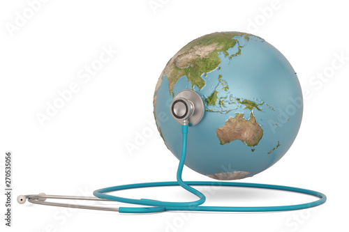 Stethoscope and globe isolated on white background. 3D illustration.