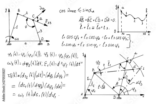 Physical equations, diagrams and formulas on whiteboard. Vector hand-drawn illustration. Education and scientific  background.