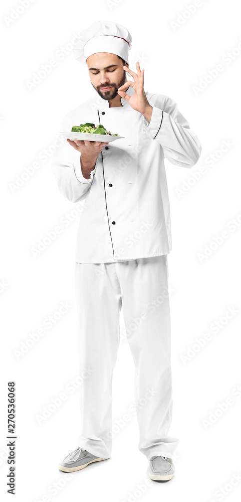 Handsome male chef with salad on white background Handsome male chef with salad on white background