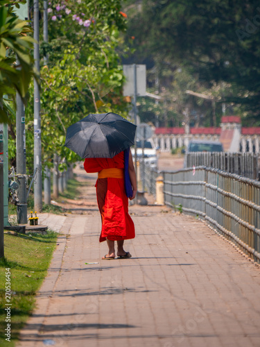 Monks walking along street in Vientiane, Laos