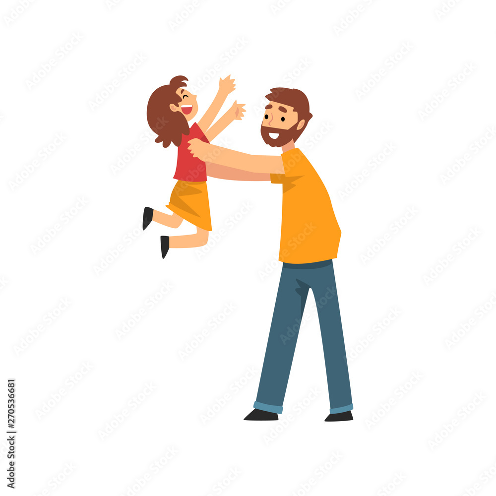 Happy Dad Holding Smiling Daughter on His Hands, Father and His Child Having Good Time Together, Happy Family Cartoon Vector Illustration