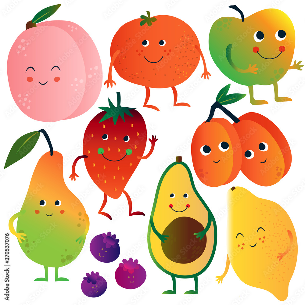 Funny Fruits and Vegetables Cartoon Characters with Funny Faces Set, Peach,  Tomato, Apple, Strawberry, Avocado, Lemon, Blueberries, Apricots, Pear  Vector Illustration Stock Vector | Adobe Stock
