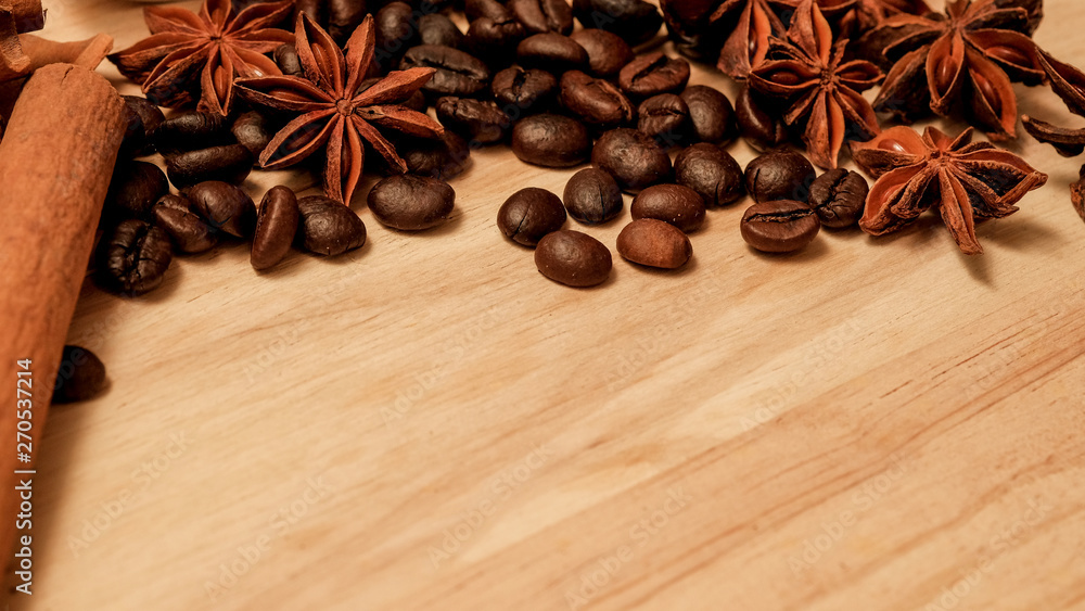 Brown background, With coffee and spices, Lay on the wooden floor. Brown background, With coffee and spices, Lay on the wooden floor.