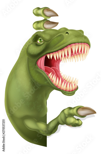 A scary dinosaur T Rex cartoon character peeking around a sign and pointing