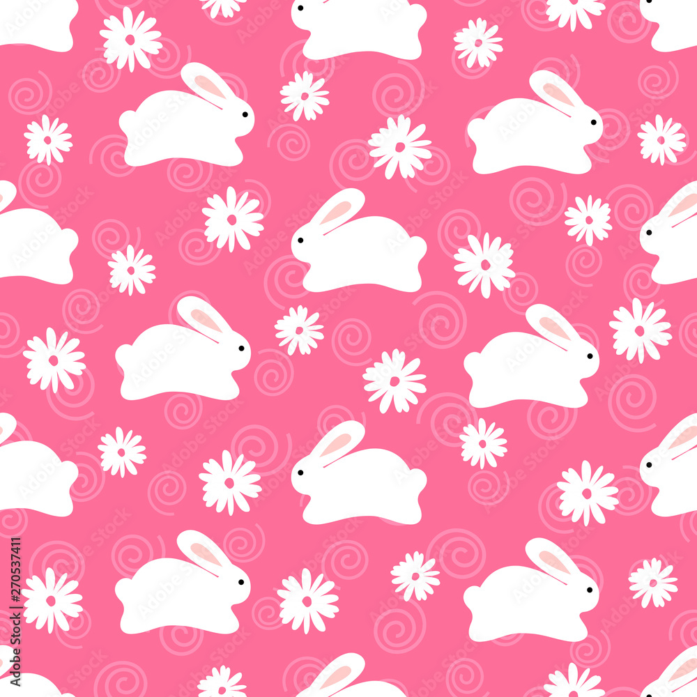 Seamless pattern of cute white bunnies on pink background with floral elements Seamless pattern of cute white bunnies on pink background with floral elements