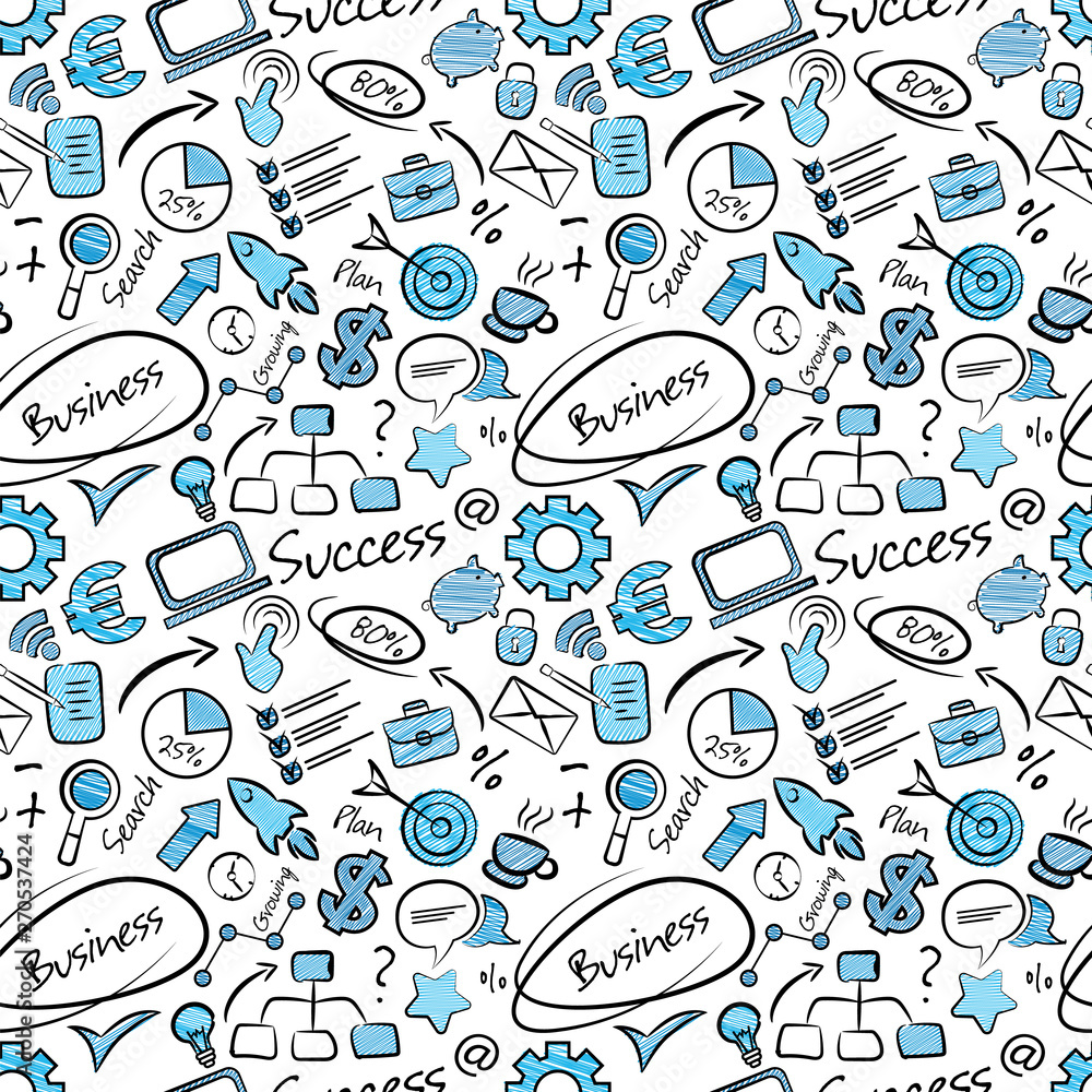 Seamless pattern with business icons in doodle style. Funny finance