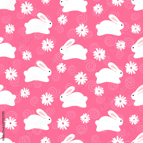 Seamless pattern of cute white bunnies on pink background with floral elements