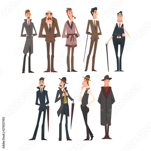 Victorian Gentlemen Characters Set, Rich and Successful Men in Elegant Suits Vector Illustration
