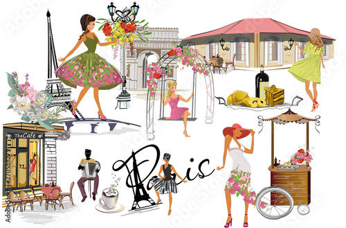 Series of backgrounds with Paris sights. girls and flowers.