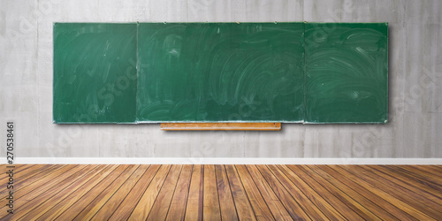 Blank green chalkboard, blackboard texture with copy space hangs on gray grunge wall and wooden floor 3D-Illustration