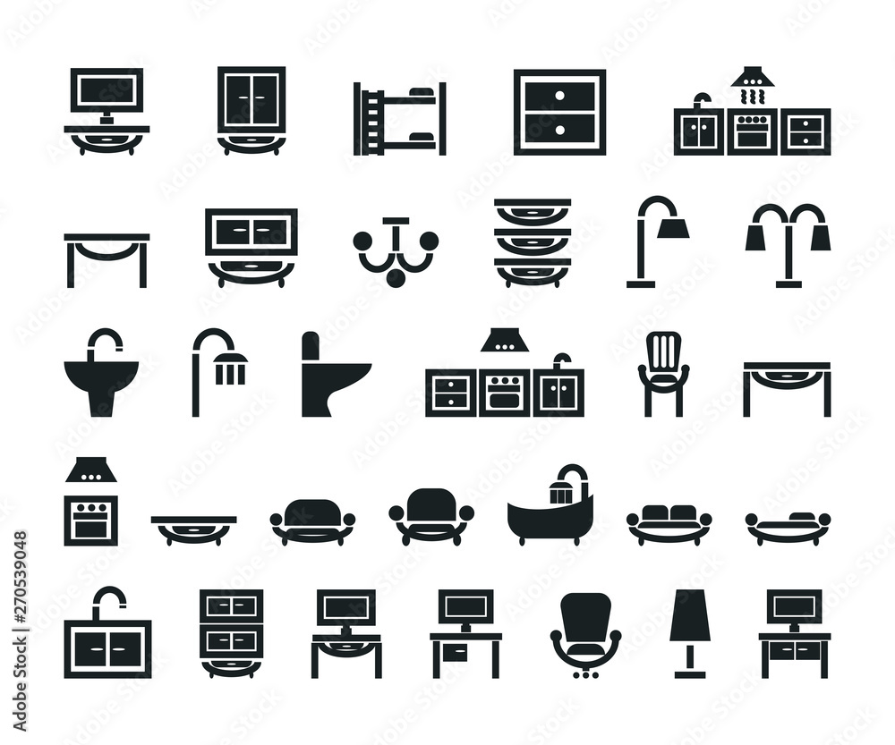 home furniture icon set. Vector black and white isolated illustration. home furniture icon set. Vector black and white isolated illustration.