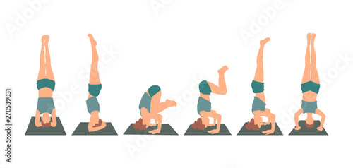 Yoga pose headstand set of variations. Vector color illustration isolated on white background.