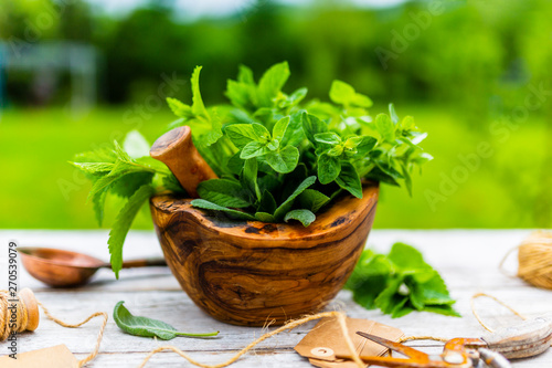Fresh and aromatic herbs in a wooden mortar.