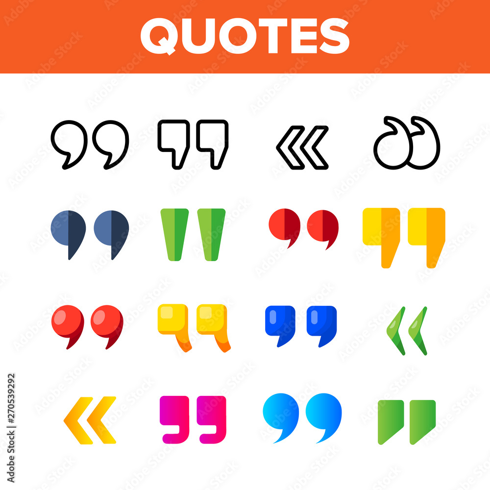Quotation Marks, Inverted Commas Vector Color Icons Set. Quotation, Direct Speech  Marks Linear Symbols Pack. Writing System Punctuation. Opinion Expressing  Quotemarks Isolated Flat Illustrations Stock Vector | Adobe Stock