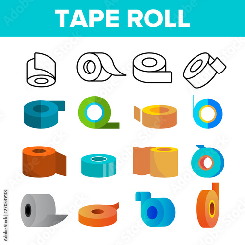 Sticky Tape Rolls Vector Color Icons Set. Adhesive Tape Roll, Office Supply, Stationery Linear Symbols Pack. Masking Sellotape, Plaster. Decorative Ribbons, Bandage Isolated Flat Illustrations