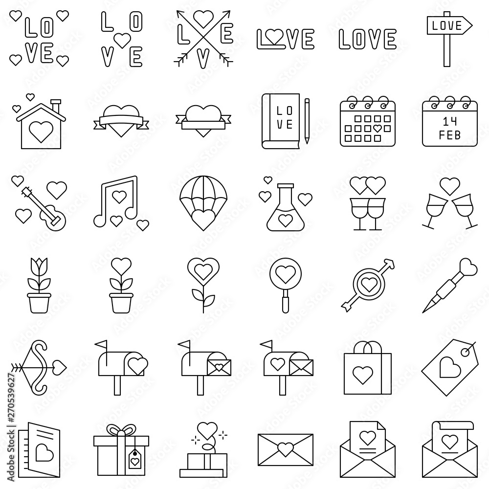 Valentine and love related vector icon set, line style Valentine and love related vector icon set, line style