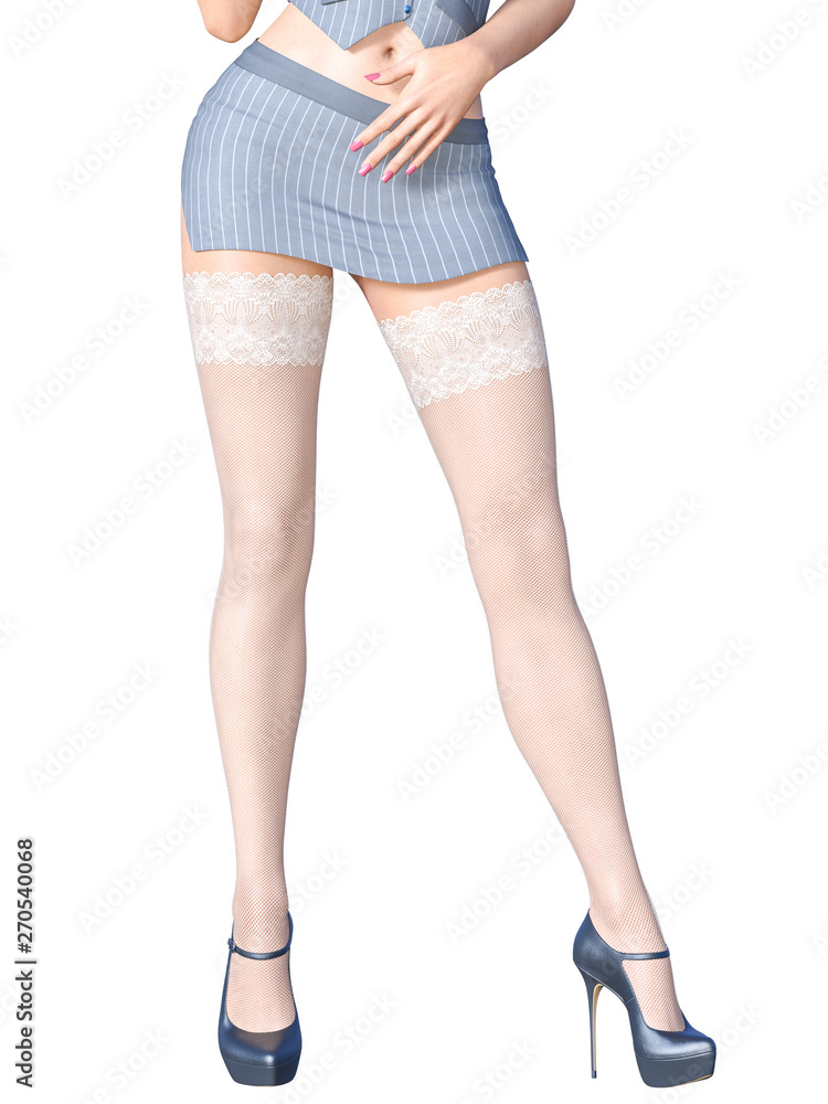 Beautiful long slender sexy female legs short mini skirt and white stockings.Secretary uniform.Beautiful underwear collection.Provocative liberated pose.3D rendering.Isolate.Conceptual fashion art. Beautiful long slender sexy female legs short mini skirt and white stockings.Secretary uniform.Beautiful underwear collection.Provocative liberated pose.3D rendering.Isolate.Conceptual fashion art.